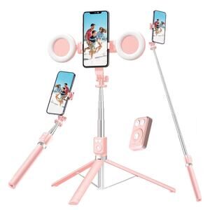 Selfie Stick PINK Tripod with Fill Light Bluetooth Remote Control